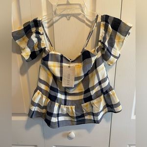Moon River Peplum Crop top cold shoulder navy and yellow plaid size XS nwt